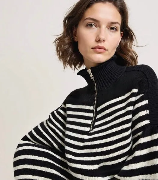Grey Stripe Zipper Sweater