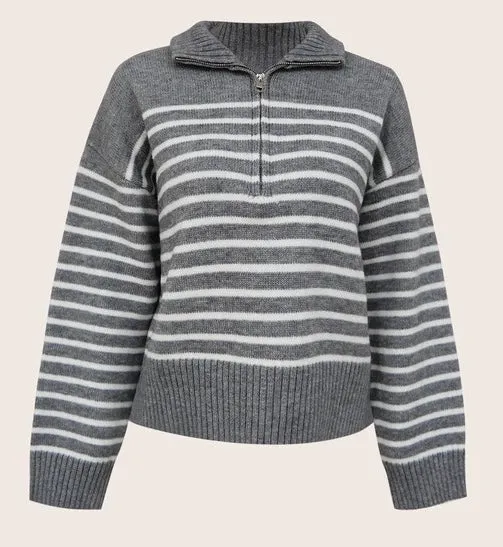 Grey Stripe Zipper Sweater