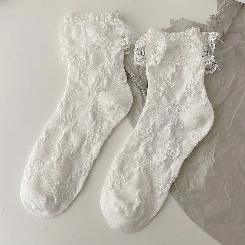 White Lace Bowknot Cotton Ankle Socks