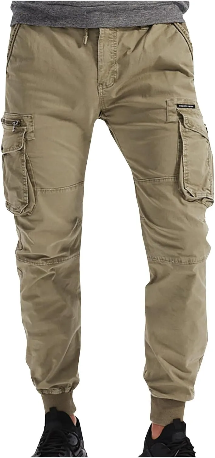 wodceeke Men's Jogger Cargo Pants Summer Slim-Fit Tapered Trousers Casual Solid Elastic Waist Drawstring Work Pants
