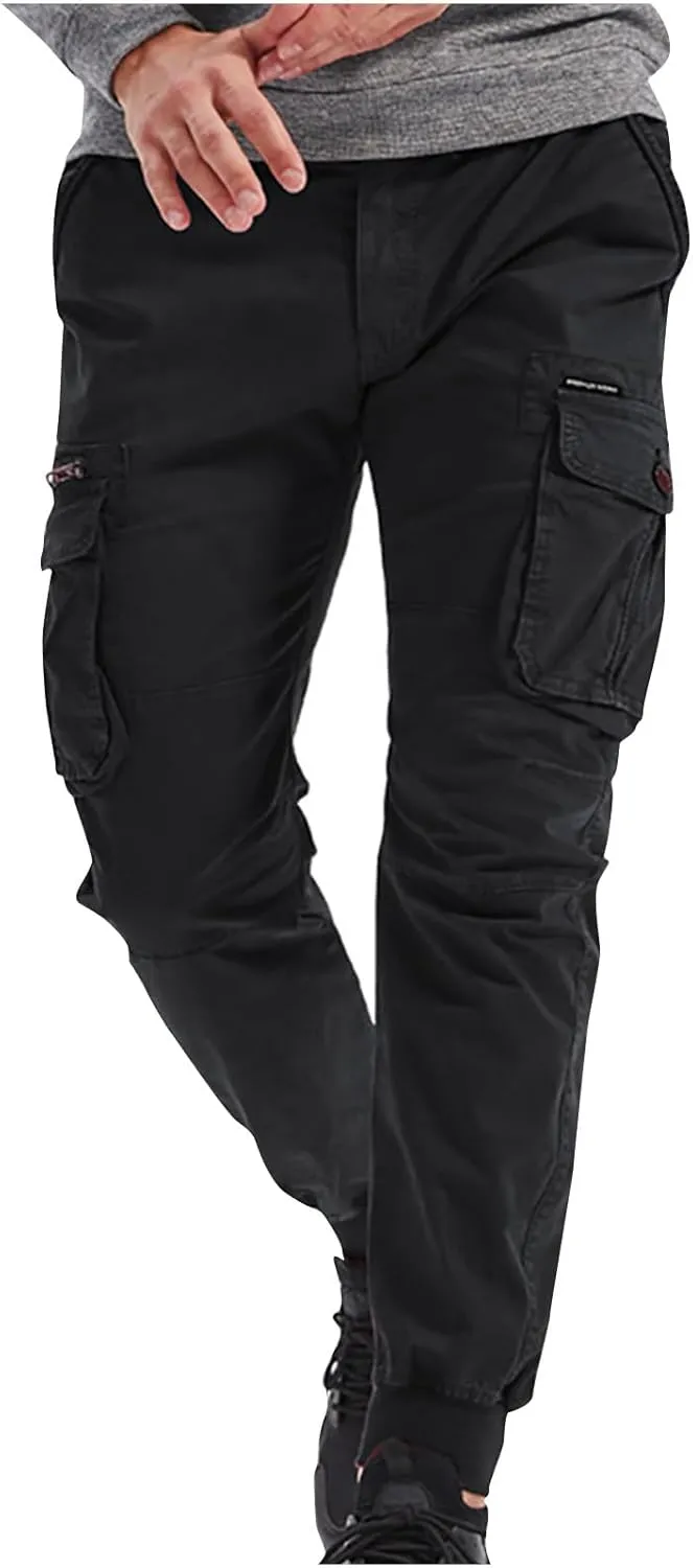 wodceeke Men's Jogger Cargo Pants Summer Slim-Fit Tapered Trousers Casual Solid Elastic Waist Drawstring Work Pants